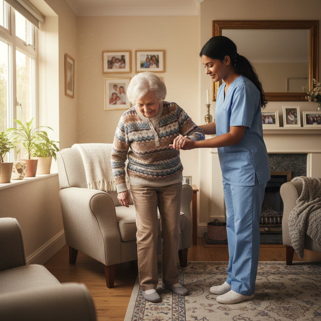 Professional caregiver assisting elderly client at home